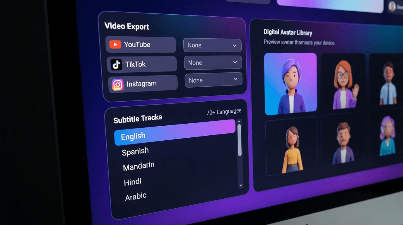 Dashboard interface showing multiple video export options and platform icons (YouTube, TikTok, Instagram), multilingual subtitle tracks in 70+ languages, digital avatar library preview, purple and blue gradient UI elements, modern software interface design, clean typography