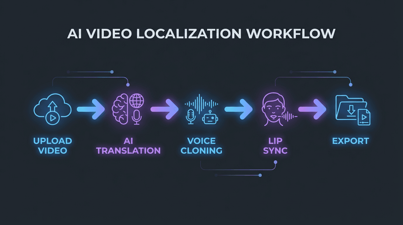 AI video translation workflow showing five steps from upload to export with voice cloning and lip-sync processing