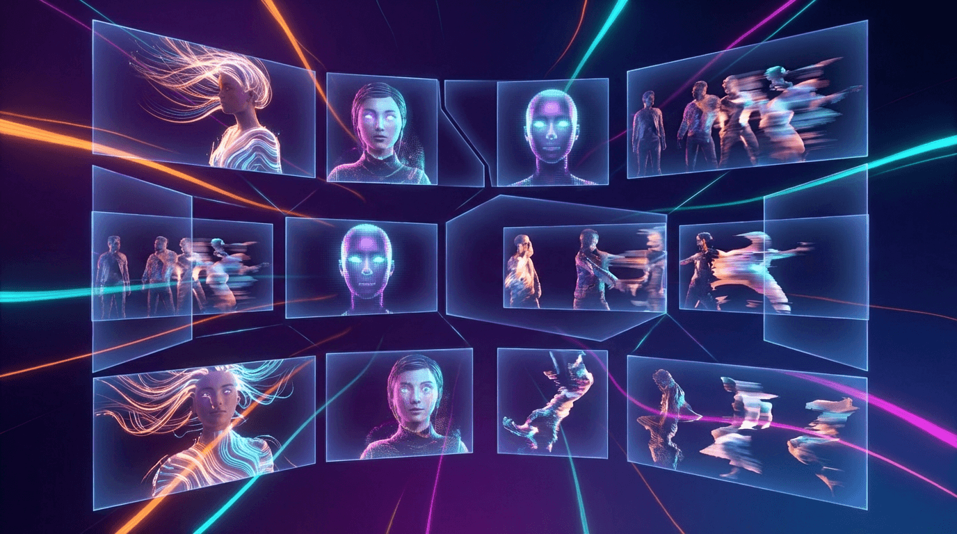 E-commerce product showcase with animated product videos on multiple devices, smartphone and laptop screens displaying dynamic video content, shopping cart and social media icons, modern professional marketing setup, vibrant gradient background with purple-blue tones, engaging commercial atmosphere