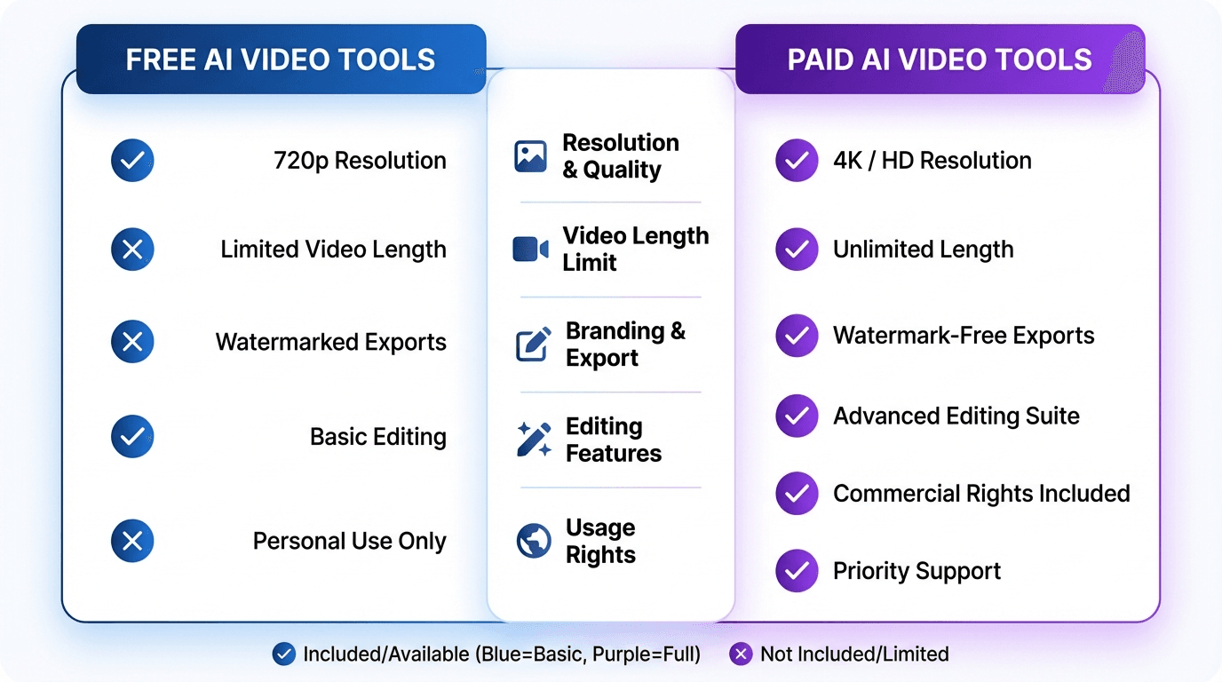 Comparison chart showing feature differences between free and paid AI video tools