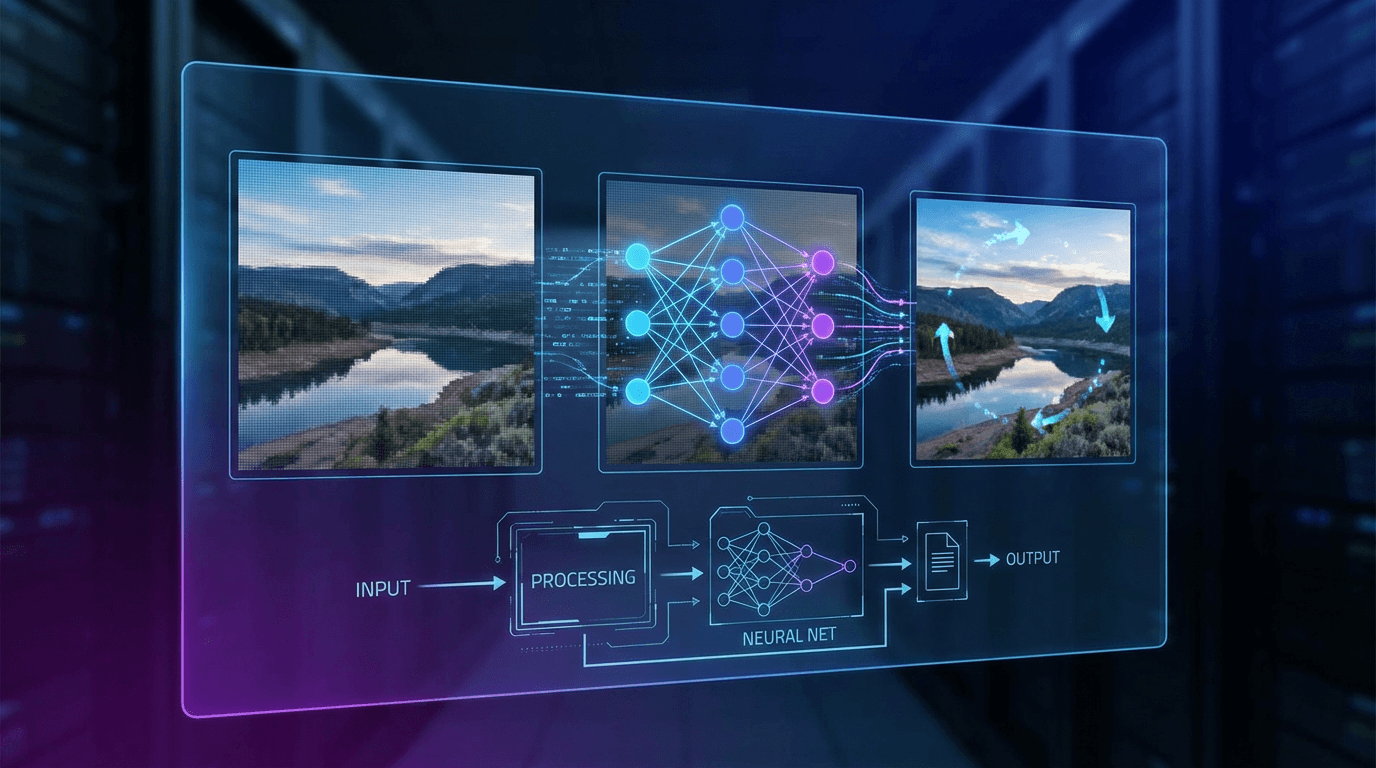 AI technology analyzing and processing a photo, neural network visualization with glowing nodes and connections, image transformation sequence from static to animated, technical diagram with data flow, dark background with blue and purple gradient lighting, modern tech aesthetic, clean composition