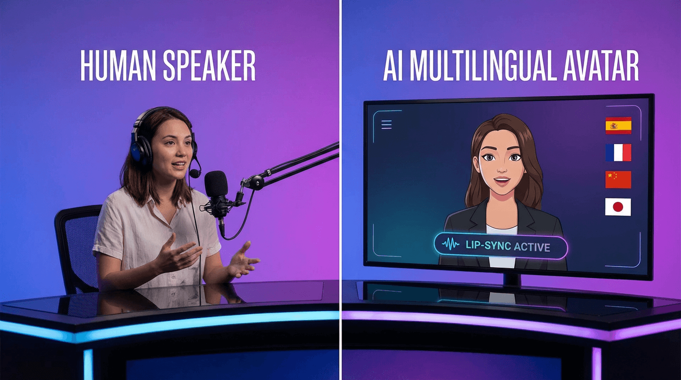 AI video translator showing lip-sync technology comparison between original and translated video with multiple language options