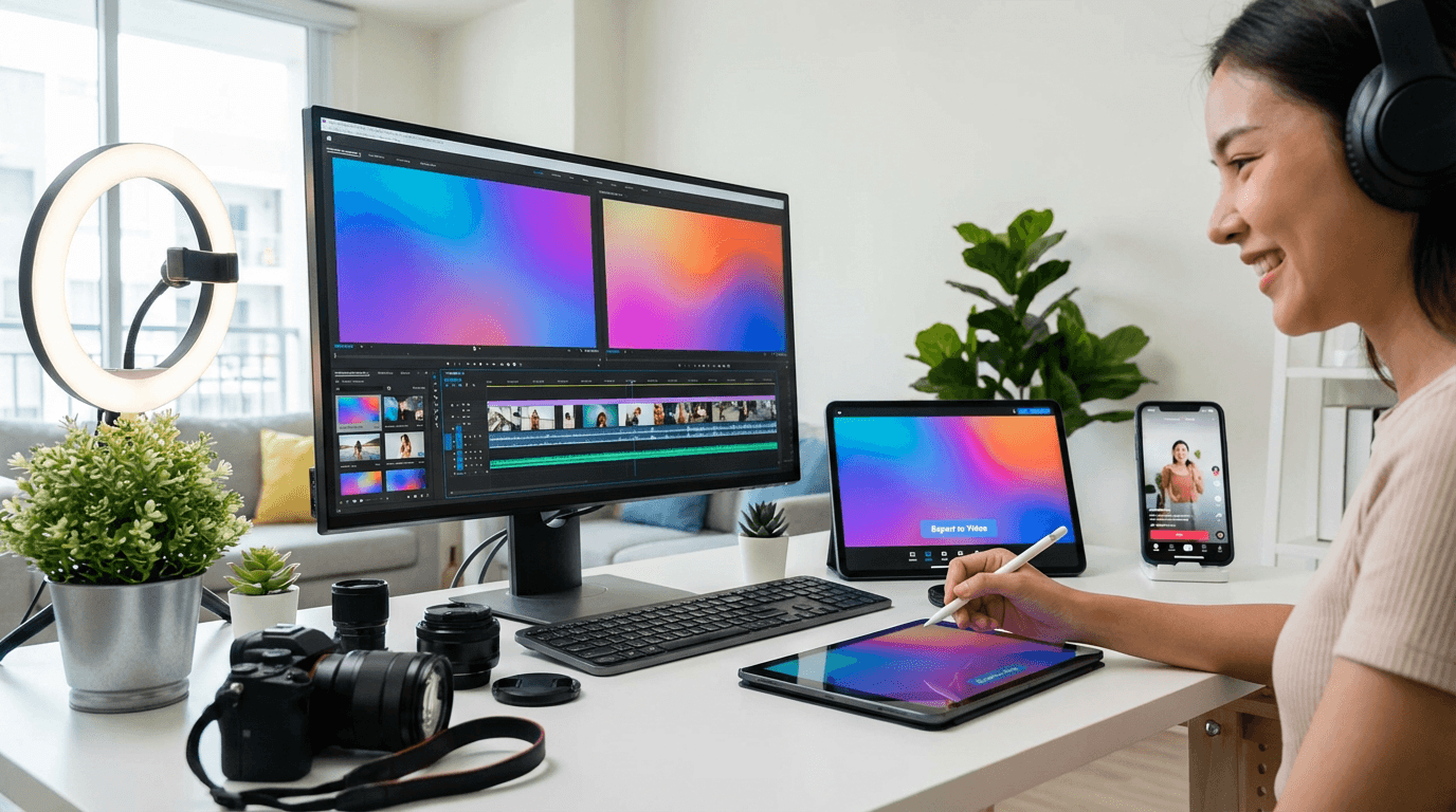 Social media creator workflow showing photo-to-video process across multiple devices