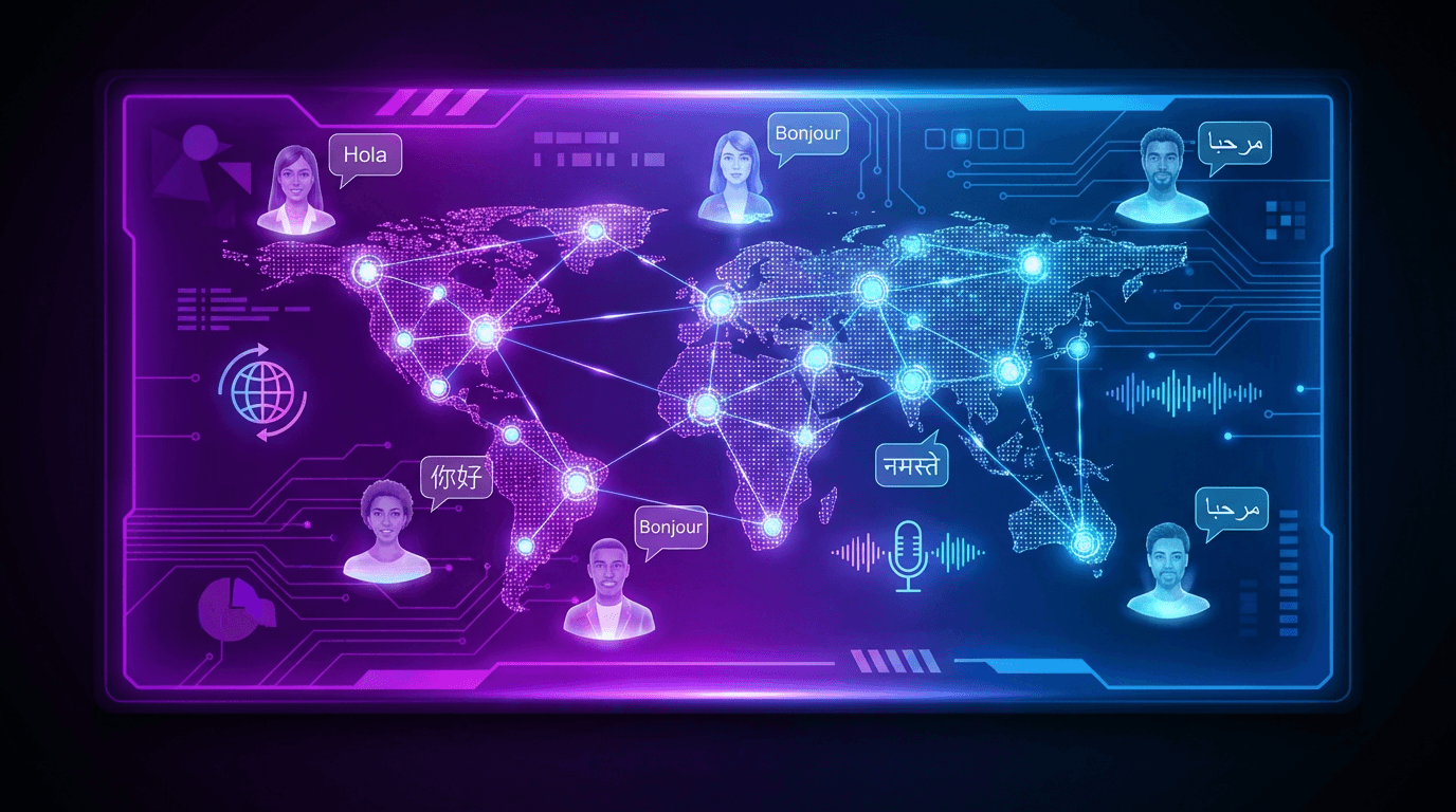 Global multilingual video creation concept, diverse digital avatars speaking different languages, world map with connected nodes, translation and localization symbols, vibrant purple and blue gradient background, modern tech aesthetic
