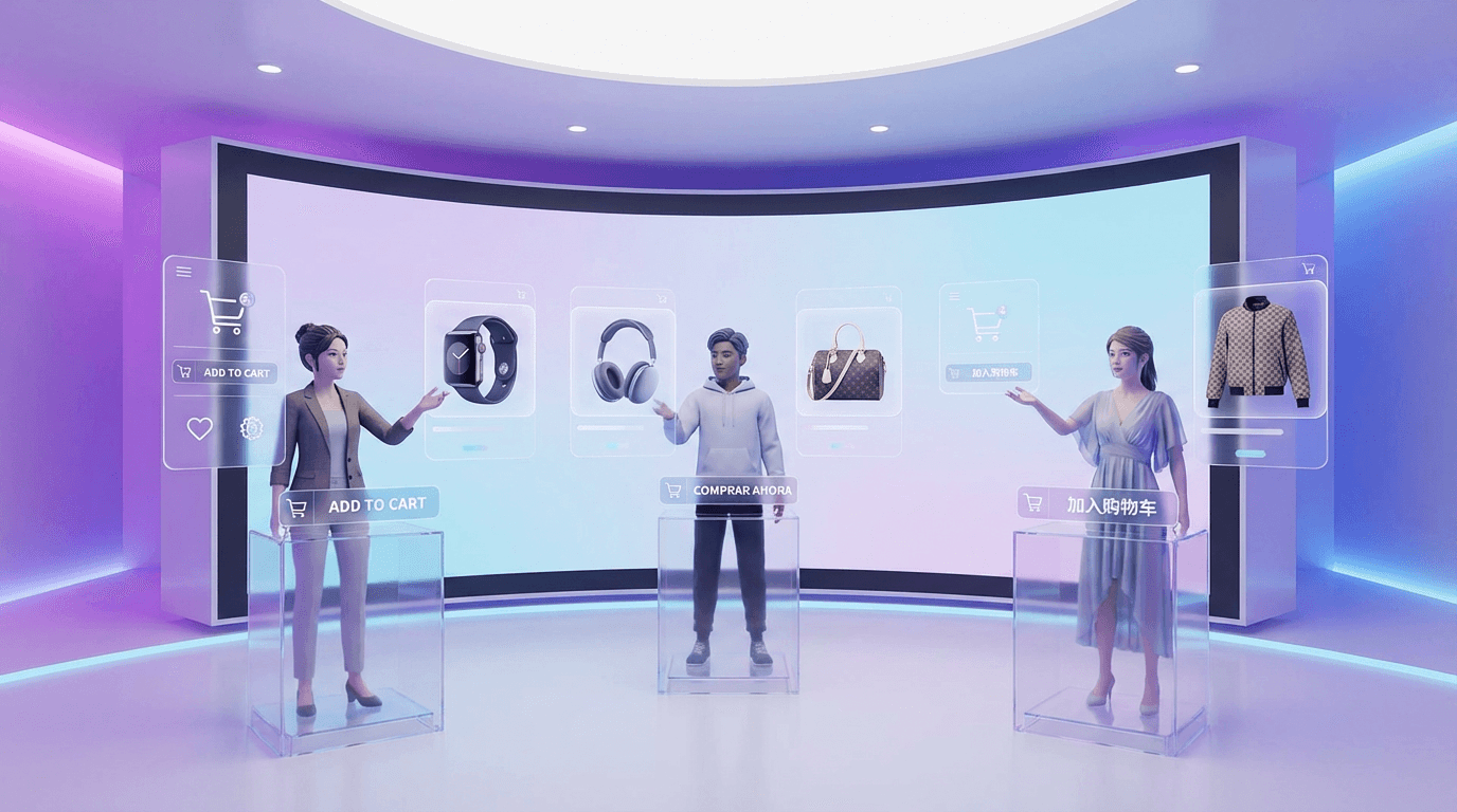 Digital avatars presenting e-commerce products in multiple languages for cross-border selling with AI video translation