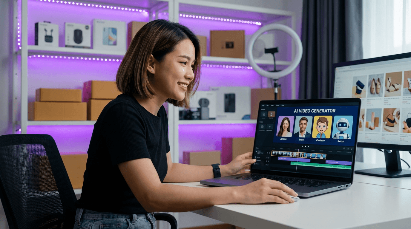 Professional content creator using AI video generation interface on laptop, diverse digital avatars displayed on screen, modern workspace with purple accent lighting, e-commerce product images visible, clean and vibrant composition, cinematic depth of field
