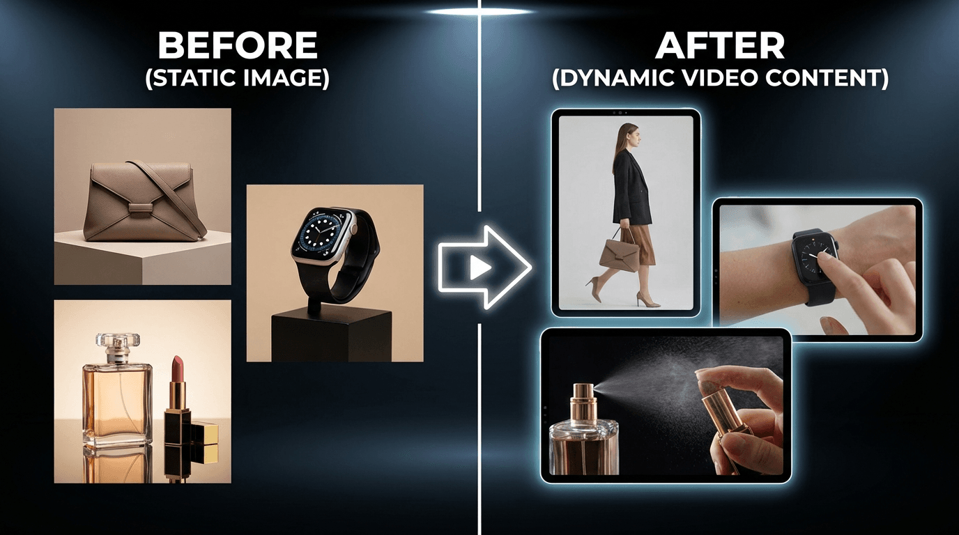 Side-by-side comparison visual showing static product images transforming into dynamic video content, fashion items, tech gadgets, cosmetics, dark background with bright product lighting, professional e-commerce photography style, labeled sections for Before and After